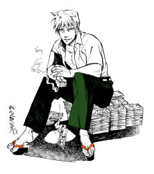 1boy akagi akagi:_yami_ni_oritatta_tensai akagi_shigeru artist_request cigarette fukumoto_mahjong full_body male_focus money monochrome open_clothes open_shirt shirt solo spot_color white_background white_hair
