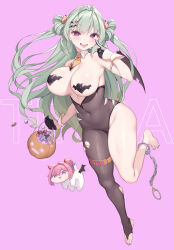 2girls absurdres antenna_hair armlet black_gloves black_wings breasts bucket candy cloba commentary covered_erect_nipples covered_navel cross cross_earrings demon_wings detached_collar doro_(nikke) earrings food full_body gloves goddess_of_victory:_nikke green_hair hair_ornament half_gloves halloween heart heart_hair_ornament heart_pasties highres holding holding_bucket jack-o&#039;-lantern jack-o&#039;-lantern_hair_ornament jewelry large_breasts long_hair looking_at_viewer multiple_girls nail_polish necktie open_mouth orange_necktie pasties pink_background pink_hair purple_eyes purple_nails smile soda_(nikke) teeth thighs toenail_polish toenails toes torn_clothes unaligned_breasts upper_teeth_only very_long_hair wings wrist_cuffs