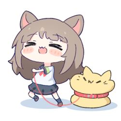 &gt;_&lt; 1girl :3 ai-chan_(misskey.io) animal_collar animal_ears belt_collar black_skirt black_socks blob_(google) blush_stickers brown_footwear brown_hair cat cat_ears cat_girl chibi collar commentary_request leash misskey.io open_mouth red_collar shirt simple_background skirt socks umihio waking_up walking white_background white_shirt