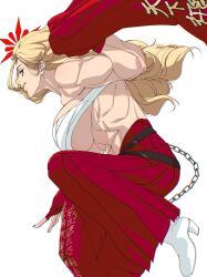 Rule 34 | 1girl, abs, akemi (blue archive), biceps, blonde hair, blue archive, breasts, chest sarashi, crossed belts, delinquent, fingerless gloves, fluffy hair, gloves, halo, highres, large breasts, long hair, looking at viewer, mattsun (lyohei), mole, mole under eye, muscular, muscular female, navel, red gloves, red halo, red skirt, sarashi, simple background, skirt, solo, sukeban, white background