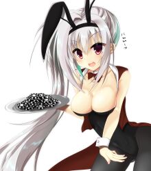 1girl animal_ears bare_shoulders black_leotard black_pantyhose blush bow bowtie breasts cleavage collarbone commentary_request cowboy_shot detached_collar dracu-riot! elena_olegovna_owen eyes_visible_through_hair fake_animal_ears gluteal_fold grey_hair hair_between_eyes heart highres holding holding_tray large_breasts leotard long_hair looking_at_viewer official_alternate_costume official_alternate_hairstyle open_mouth pantyhose playboy_bunny rabbit_ears red_bow red_bowtie red_eyes side_ponytail simple_background smile solo strapless strapless_leotard tachibana_akane_(akane780u) translated transparent_background tray v-shaped_eyebrows very_long_hair white_wrist_cuffs wrist_cuffs