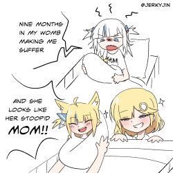 Rule 34 | 3girls, ^ ^, after birth, and he looks like his stupid dad (meme), animal ears, artist name, baby, bed, blonde hair, blue hair, carrying, carrying baby, carrying person, closed eyes, comic, frown, gawr gura, hololive, hololive english, hospital bed, if they mated, indie virtual youtuber, jerkyjin, meme, mother and daughter, multiple girls, open mouth, sameko saba, sharp teeth, short hair, smile, speech bubble, teeth, twitter username, under covers, upper body, v-shaped eyebrows, virtual youtuber, voice actor connection, watson amelia, white hair, yuri