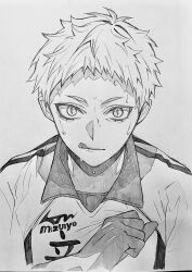 1boy 3_surugi :d arm_up clenched_hand collared_shirt commentary_request grey_background greyscale haikyuu!! highres looking_at_viewer male_focus monochrome open_mouth shirt simple_background slit_pupils smile solo sportswear sweat tongue tongue_out upper_body very_sweaty volleyball_uniform wing_collar yaku_morisuke