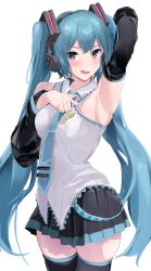 1girl absurdres anger_vein aqua_eyes aqua_hair aqua_necktie arm_up armpits black_skirt black_thighhighs blush breasts detached_sleeves gya2021 hair_between_eyes hair_ornament hatsune_miku headphones highres long_hair long_sleeves medium_breasts miniskirt necktie open_mouth presenting_armpit simple_background skirt smile solo thighhighs twintails very_long_hair vocaloid white_background zettai_ryouiki