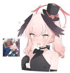 1boy 1girl @_@ bare_shoulders black_gloves blue_archive blush bow choker dress elbow_gloves gloves halo hat head_wings koharu_(blue_archive) long_hair mini_hat mini_top_hat multicolored_hair nose_blush open_mouth pink_hair star_(symbol) sweat tntl_nemui top_hat twintails upper_body wings