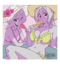 2girls artist_name bare_shoulders bikini bleach border breasts brown_eyes collarbone food glasses hat highres inoue_orihime kuchiki_rukia large_breasts medium_breasts multiple_girls nekoranten pink_bikini polaroid_photo popsicle simple_background small_breasts sun_hat swimsuit twitter_username white_border yellow_bikini