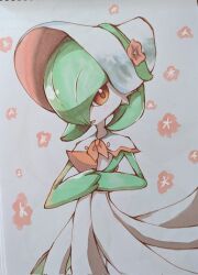 blush bonnet colored_skin dress floral_background flower gardevoir gardevoir_(fashionable) gen_3_pokemon green_skin hair_over_one_eye hat hat_flower highres looking_at_viewer mikumoo_08 multicolored_skin nintendo photo_(medium) pokemon pokemon_(creature) pokemon_unite traditional_media two-tone_skin white_dress white_skin