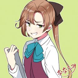 1girl akigumo_(kancolle) aqua_bow aqua_bowtie artist_name bow bowtie brown_hair collared_shirt dress dress_shirt fuminomino green_background green_eyes grin hair_ribbon halter_dress halterneck highres kantai_collection long_hair looking_at_viewer mole mole_under_eye ponytail ribbon school_uniform shirt sketchbook smile solo upper_body white_shirt