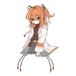 Rule 34 | 1girl, a.i. voice, adachi rei, belt pouch, black shirt, cable, drawstring, hair between eyes, hashtag-only commentary, headlamp, headset, jacket, kuuurusuke, long sleeves, looking at viewer, medium hair, open clothes, open jacket, orange eyes, orange hair, pouch, shirt, simple background, solo, utau, white background, white jacket