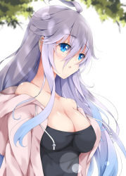 1girl ahoge bare_shoulders black_shirt blue_eyes blurry blurry_background breasts cleavage commentary_request depth_of_field drawstring female_focus fuyou-chan hair_between_eyes hood hood_down hooded_jacket jacket large_breasts long_hair looking_away milkpanda off_shoulder open_clothes open_jacket original parted_lips pink_jacket shirt sidelocks silver_hair solo very_long_hair white_background