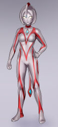 1girl absurdres borrowed_design breasts chinese_commentary clenched_hand commentary full_body gem gluteal_fold grey_background hand_on_own_hip highres medium_breasts original solo ultra_series yewang19