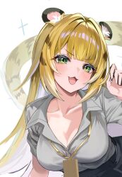 1girl animal_ear_fluff animal_ears black_skirt blonde_hair breasts chinami_(chinamin_02) cleavage commentary_request green_eyes grey_shirt highres id_card ju_fufu large_breasts long_hair shirt simple_background skirt solo tail tiger_ears tiger_girl tiger_stripes tiger_tail upper_body very_long_hair white_background zenless_zone_zero