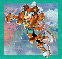 1girl blue_eyes boots clenched_hands cosplay fang full_body furry furry_female highres kryptiq_kreachur looking_at_viewer map map_background mario_(series) mario_kart mario_kart_world nintendo open_mouth outline princess_daisy princess_daisy_(cosplay) shoes signature solo sonic_(series) sonic_boom_(series) sticks_the_badger white_outline white_shoes