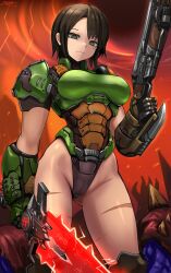 Rule 34 | 1girl, adapted costume, after battle, arm blade, armor, armored leotard, asymmetrical dual wielding, black hair, black leotard, boobplate, breastplate, breasts, crucible (doom), demon, doom (series), doom eternal, doomguy, double-barreled shotgun, dual wielding, energy axe, expressionless, facial scar, gauntlets, genderswap, genderswap (mtf), grey eyes, gun, hell, highres, holding, holding weapon, huge weapon, leotard, medium breasts, multiple scars, no headwear, pauldrons, praetor suit, scar, scar on cheek, scar on face, scar on leg, short hair, shotgun, shoulder armor, solo, sunao (70 the), weapon