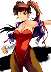 artist_name bandages bandages_around_arms breasts brown_eyes brown_hair headband highres jacket large_breasts leotard long_hair pantyhose ponytail tia_langray