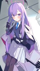 ! !! 1girl absurdres black_gloves black_pantyhose blue_archive blue_necktie blue_sweater blush collared_shirt commentary_request feet_out_of_frame floating_headgear gatling_gun gloves halo headgear highres holding holding_wrench jacket jacket_on_shoulders kyurosuku long_hair long_sleeves miniskirt necktie pantyhose parted_lips pink_halo pleated_skirt purple_eyes purple_hair sentry shirt sitting skirt solo sweater thundergun_(blue_archive) utaha_(blue_archive) very_long_hair white_jacket white_shirt white_skirt wrench