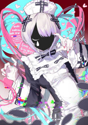1girl :d absurdres bib_collar blonde_hair blue_hair bow bowtie breasts chouzetsusaikawa_tenshi-chan chouzetsusaikawa_tenshi-chan_(gothic_lolita) claw_pose closed_eyes colored_tips cross_hair_ornament distortion english_text faceless glitch hair_ornament hat heart highres multicolored_hair needy_girl_overdose open_mouth pink_hair quad_tails red_background shaded_face smile solo speech_bubble teardrop twisted_torso upper_body white_hat wide_sleeves yunnaiyingzi671