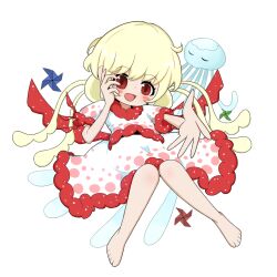1girl blush commentary ebisu_eika ebisu_eika_(jellyfish) frills full_body jellyfish long_hair looking_at_viewer mikkame pinwheel reaching reaching_towards_viewer red_eyes shirt skirt solo touhou transparent_background white_hair white_shirt white_skirt