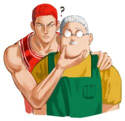 Rule 34 | 2boys, apron, basketball jersey, basketball uniform, facial hair, glasses, grabbing another&#039;s chin, grey hair, hand on another&#039;s chin, highres, male focus, multiple boys, mustache, ndsoda, red hair, sakamoto days, sakamoto taro, sakuragi hanamichi, short hair, slam dunk (series), sportswear, very short hair