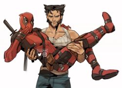 2boys angry beard bodysuit carrying deadpool deadpool_&amp;_wolverine deadpool_(series) ellizsha facial_hair highres katana looking_at_viewer male_focus marvel marvel_cinematic_universe mask multiple_boys princess_carry red_bodysuit red_mask superhero_costume sword sword_on_back two-tone_bodysuit weapon weapon_on_back wolverine_(x-men) x-men