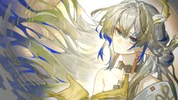 Rule 34 | 1girl, arknights, bare shoulders, blonde hair, blue eyes, blue hair, chinese commentary, collarbone, colored extremities, commentary request, dragon girl, dragon horns, dun de xue yanjiusheng, earrings, eyeliner, eyes visible through hair, grey hair, hair between eyes, highres, horns, jewelry, long hair, looking up, makeup, multicolored hair, necklace, off shoulder, outdoors, parted lips, pointy ears, rain, red eyeliner, shu (arknights), solo, upper body, water, wet, wet hair, wind