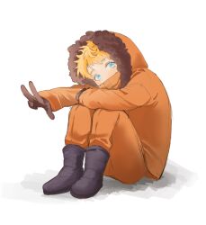 Rule 34 | 1boy, animification, black boots, blonde hair, blue eyes, blush, boots, brown gloves, commentary, covered mouth, full body, fur-trimmed hood, fur trim, gloves, highres, hood, hooded jacket, jacket, kenny mccormick, long sleeves, looking at viewer, male focus, orange jacket, orange pants, pants, shadow, short hair, simple background, sitting, solo, south park, symbol-only commentary, w, white background, wsf 8789