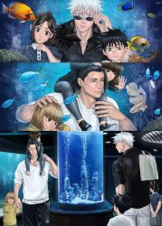 3boys 3girls absurdres aged_down air_bubble aquarium arms_behind_back black_hair black_shirt blue_eyes blunt_bangs blunt_ends bob_cut brother_and_sister brother_and_step-sister brown_eyes bubble carrying child commentary coral denim fish fish_request fushiguro_megumi fushiguro_tsumiki getou_suguru gojou_satoru grin hand_on_another&#039;s_head highres holding_hands hood hood_down hoodie indoors jtv jujutsu_kaisen light_brown_hair long_sleeves looking_at_viewer looking_to_the_side mimiko_(jujutsu_kaisen) multiple_boys multiple_girls nanako_(jujutsu_kaisen) pants ponytail profile shirt short_sleeves shoulder_carry siblings skirt smile spiked_hair step-brother_and_step-sister step-siblings sunglasses symbol-only_commentary white_pants white_shirt yellow_hoodie