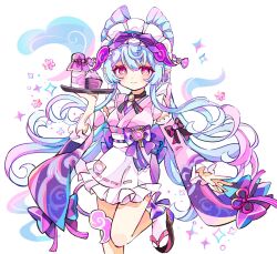 1girl apron blue_hair blush bow breasts closed_mouth commentary detached_sleeves foot_out_of_frame gem genshin_impact hair_between_eyes hand_up highres holding holding_tray japanese_clothes kimono long_hair long_sleeves looking_at_viewer multicolored_hair nihongami obi pink_hair pink_kimono purple_bow purple_eyes purple_gemstone sash simple_background sleeveless sleeveless_kimono smile socks solo tori26 tray very_long_hair white_apron white_background white_sash white_socks yumemizuki_mizuki