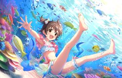 Rule 34 | 1girl, :d, akagi miria, armpits, barefoot, bikini, bow, bracelet, brown eyes, brown hair, coral, day, dutch angle, feet, fish, frills, full body, hair between eyes, hair bow, idolmaster, idolmaster cinderella girls, idolmaster cinderella girls starlight stage, jewelry, legs, looking at viewer, medium hair, navel, ocean, official art, open mouth, shadow, smile, soles, solo, stomach, swimsuit, thigh strap, toenails, toes, two side up, underwater, water, white bow