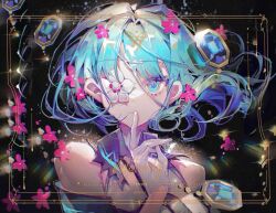 1girl aqua_hair arcaea bare_shoulders blue_eyes blue_gemstone chinese_commentary closed_mouth commentary commentary_request english_commentary finger_to_mouth flower flower_over_eye gem gloves hair_flower hair_intakes hair_ornament highres jiuyujianbaishi looking_at_viewer mixed-language_commentary off_shoulder pink_flower portrait procreate_(medium) saya_(arcaea) short_hair shushing slit_pupils solo watermark white_flower white_gloves