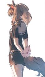 1girl angelina_(arknights) animal_ear_fluff animal_ears arknights arms_behind_back black_shirt black_shorts blush brown_hair cowboy_shot dolphin_shorts fox_ears fox_girl fox_tail hairband haku_(muc12b) highres holding holding_letter letter love_letter red_hairband shirt short_sleeves shorts simple_background solo tail twintails wavy_hair white_background