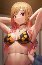 1boy 1girl abs absurdres bikini black_bikini blonde_hair breasts choker cleavage commentary ear_piercing english_commentary floral_print gojou_wakana highres indoors jewelry kitagawa_marin large_breasts long_hair looking_at_viewer measuring navel necklace numanoan open_mouth parted_lips piercing pink_eyes print_bikini solo_focus sono_bisque_doll_wa_koi_wo_suru swimsuit waist_measuring