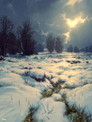 absurdres bare_tree cloud commentary day english_commentary grass highres no_humans original outdoors overcast philipp_urlich scenery sky snow tree winter