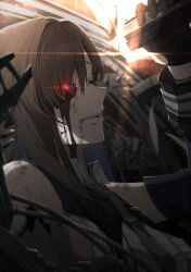 Rule 34 | 1girl, aiming, android, black gloves, blood, bloody tears, blue necktie, breasts, brown hair, closed eyes, collared shirt, commentary, dried blood, from side, gloves, glowing, glowing eye, goddess of victory: nikke, gun, handgun, highres, holding, holding gun barrel, hosun, large breasts, long hair, marian (nikke), mechabare, necktie, parted lips, red eyes, scene reference, shirt, smile, spoilers, upper body, weapon, white shirt