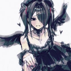 1girl ame-chan_(needy_girl_overdose) black_hair black_nails black_theme black_wings blush breasts cleavage cross cross_necklace curtained_hair dress feathered_wings grin hair_ornament hair_over_one_eye hair_tie heart highres holding_hands jewelry looking_at_viewer maid_headdress neck_collar neck_ribbon necklace needy_girl_overdose open_mouth pao_(i_loxe_u) red_nails ribbon self-harm_scar short_twintails smile solo spaghetti_strap twintails wings wrist_cutting wrist_ribbon x_hair_ornament
