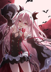 1girl absurdres armpits bare_shoulders bat_(animal) black_dress bow breasts cleavage commentary_request commission demon_tail detached_sleeves double-parted_bangs dress fangs frilled_skirt frills hair_between_eyes hair_ornament highres krul_tepes looking_at_viewer moon night outer_glow owari_no_seraph pink_hair pixiv_commission pointy_ears poppu red_bow red_moon skirt slit_pupils small_breasts solo tail two_side_up vampire wide_sleeves