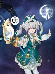 Rule 34 | alternate costume, aqua dress, aqua skirt, cosplay, costume switch, dress, firefly (honkai: star rail), gradient eyes, gradient hair, green pupils, hair between eyes, hair intakes, highres, holding, holding wand, honkai: star rail, honkai (series), hyacine (honkai: star rail), klashikari, leggings, multicolored eyes, multicolored hair, open mouth, short twintails, skirt, smile, star (sky), starry sky background, twintails, two-tone eyes, wand, white leggings