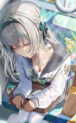 1girl black_hairband black_sailor_collar blush bow bowtie briefcase brown_bag cellphone closed_eyes closed_mouth collarbone commentary_request downblouse fingernails firefly_(honkai:_star_rail) green_bow green_bowtie grey_hair grey_skirt hair_ornament hairband head_tilt highres honkai:_star_rail honkai_(series) kabu_usagi long_hair long_sleeves phone sailor_collar signature sitting skirt sleeves_past_wrists solo thighhighs train_interior twitter_username very_long_hair white_thighhighs