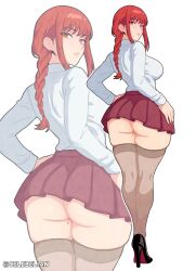 1girl alternate_costume ass blush braid braided_ponytail breasts celebelian chainsaw_man hands_on_own_hips high_heels highres large_breasts long_hair looking_at_viewer looking_back makima_(chainsaw_man) mole mole_on_thigh parted_lips pleated_skirt red_hair red_skirt ringed_eyes shirt simple_background skirt solo thick_thighs thighhighs thighs twitter_username white_background white_shirt yellow_eyes