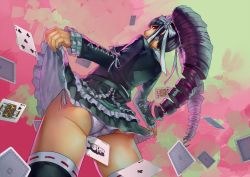 10s 1girl ass black_hair card celestia_ludenberg clothes_lift club3 danganronpa:_trigger_happy_havoc danganronpa_(series) drill_hair female_focus from_behind gothic_lolita highres lolita_fashion long_hair monokuma panties playing_card red_eyes side-tie_panties skirt skirt_lift solo thighhighs twin_drills twintails underwear upskirt
