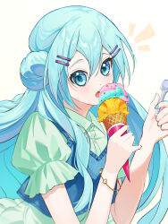 1girl alternate_costume alternate_hairstyle aqua_eyes aqua_hair aqua_nails blush bracelet collared_shirt food green_shirt hair_between_eyes hair_bun hair_ornament hairclip hatsune_miku highres holding holding_ice_cream_cone holding_spoon ice_cream ice_cream_cone jewelry long_hair looking_at_viewer notice_lines open_mouth parallel_hairclips puffy_short_sleeves puffy_sleeves shiranomaru shirt short_sleeves simple_background solo spoon upper_body vocaloid white_background