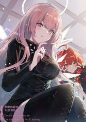 2girls :o ahoge angel arknights black_dress black_gloves black_thighhighs breasts commentary_request detached_wings double_v dress exusiai_(arknights) exusiai_the_new_covenant_(arknights) fingerless_gloves gloves halo highres large_breasts lemuen_(arknights) long_hair looking_at_viewer multiple_girls orange_eyes pink_hair red_hair short_hair siblings sisters thighhighs twitter_username v very_long_hair wings wn_(wani-noko)