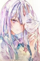 1girl absurdres aqua_shirt bow bowtie fox_mask hata_no_kokoro highres holding holding_mask kamu_kotan light_smile long_hair long_sleeves looking_at_viewer mask painting_(medium) pink_eyes pink_hair portrait shirt solo touhou traditional_media watercolor_(medium) white_background