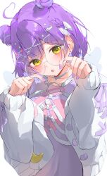 1girl absurdres ahoge blush bow braid cardigan chest_harness chisei259 choker commentary_request double_bun ear_piercing glasses hair_bow hair_bun hair_ornament hairclip harness heart heart_ahoge heart_hair_ornament highres lensless_glasses looking_at_viewer open_mouth piercing purple_hair purple_nails purple_shirt shinomiya_runa shinomiya_runa_(4th_costume) shirt solo t-shirt virtual_youtuber vspo! white_bow white_cardigan white_choker x_hair_ornament yellow_eyes