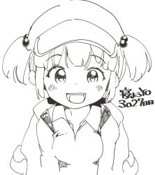 1girl backpack bag blush breasts cactas7 collarbone flat_cap hair_bobbles hair_ornament hat highres kawashiro_nitori long_sleeves looking_at_viewer medium_breasts monochrome open_mouth simple_background smile teeth touhou upper_body