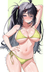 1girl absurdres ahoge arm_behind_head arm_up azur_lane bare_shoulders bikini black_hair blush breasts cleavage closed_mouth collarbone commentary commission embarrassed fang furrowed_brow gluteal_fold gradient_background green_background green_bikini hair_between_eyes hair_ornament halterneck hand_on_own_hip highres large_breasts long_hair looking_at_viewer marimo_daifuku nail_polish navel pillarboxed pixiv_commission purple_eyes purple_nails side-tie_bikini_bottom solo standing stomach sweat swimsuit tearing_up thighs trembling twintails very_long_hair wavy_hair wet white_background x_hair_ornament z11_(azur_lane)