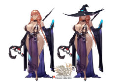 1girl artist_name black_gloves black_shoes braid breasts curvy dildo elbow_gloves gloves hat highres holding holding_sex_toy hu_dako huge_breasts long_hair long_sleeves low_twin_braids multiple_views orange_hair original pelvic_curtain pointy_ears red_eyes revealing_clothes sex_toy shoes simple_background thick_thighs thighs twin_braids white_background wide_hips witch witch_hat