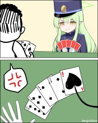 1boy 1girl ace_(playing_card) ace_of_clubs ace_of_hearts anger_vein black_tail blue_archive buttons card cheating_(competitive) club_(shape) demon_tail double-breasted flush_(poker) four_of_spades green_hair green_halo halo hat heart highres hikari_(blue_archive) peaked_cap playing_card pointy_ears poker seven_of_spades spoken_anger_vein tail ten_of_spades three_of_clubs threeboon train_conductor two_of_spades yellow_eyes
