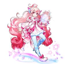 1girl ahoge artist_request blue_pantyhose boots bow cross-laced_clothes cross-laced_dress cross-laced_sleeves curly_hair dot_nose dress elsword eyelashes floral_print flower footwear_bow frilled_dress frills full_body fur-trimmed_dress fur_trim gradient_hair happy highres holding holding_mirror juliet_sleeves laby_(elsword) layered_dress leg_up long_dress long_hair long_sleeves looking_at_viewer magic mirror multicolored_hair nisha_(elsword) non-web_source official_alternate_costume official_art open_mouth pantyhose pink_bow pink_dress pink_eyes pink_flower pink_hair pink_rose puffy_long_sleeves puffy_sleeves radiant_soul_(elsword) red_hair rose second-party_source see-through_clothes short_dress sleeve_bow smile solo standing star_(symbol) tareme very_long_hair white_boots white_dress wingee