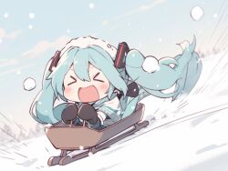&gt;_&lt; 1girl :d beret black_mittens blue_hair blush closed_eyes floating_hair hair_between_eyes hair_ornament hat hatsune_miku hill jacket long_sleeves mittens motion_lines open_mouth outdoors shawl sidelocks sitting sled sledding smile snow snowing solo twintails v-shaped_eyebrows vocaloid warotamin4 white_hat white_jacket white_shawl